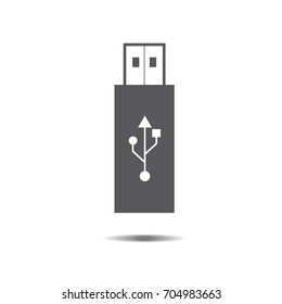 Gray usb flash drive icon with symbol and shadow, vector isolated on white background. Connectors and sockets for PC and mobile devices.