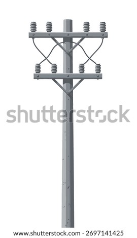 A gray utility pole stands upright, supporting two crossbeams with insulators and electrical wires.
