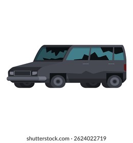 Gray van showcasing broken windows and dents, symbolizing car accidents, neglect, and disrepair