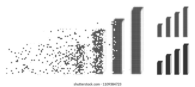 Gray vector 3d bar chart icon in fractured, pixelated halftone and undamaged whole variants. Disintegration effect uses square dots. Fragments are composed into dissipated 3d bar chart symbol.
