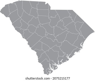 Gray vector administrative map of the Federal State of South Carolina, USA with white borders of its counties