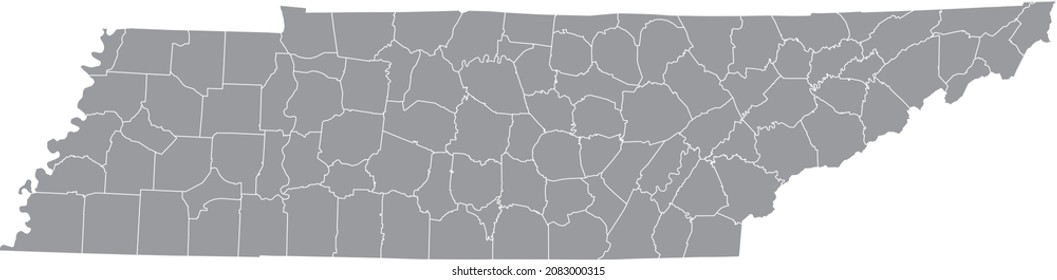 Gray vector administrative map of the Federal State of Tennessee, USA with white borders of its counties