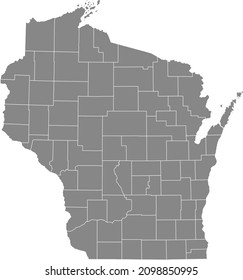 Gray vector administrative map of the Federal State of Wisconsin, USA with white borders of its counties