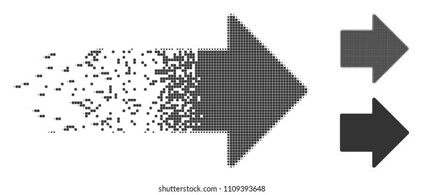 Gray vector arrow right icon in dispersed, pixelated halftone and undamaged entire versions. Disappearing effect involves rectangle particles. Fragments are grouped into dissipated arrow right figure.