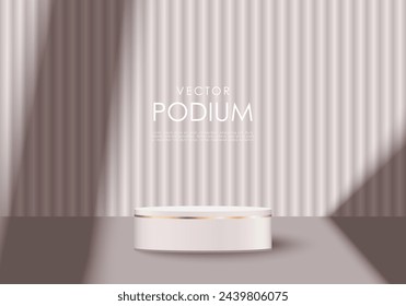 Podio cilíndrico de fondo vectorial gris con elementos dorados para la exhibición del producto. Podio, pedestal para cosméticos, perfumes y joyas