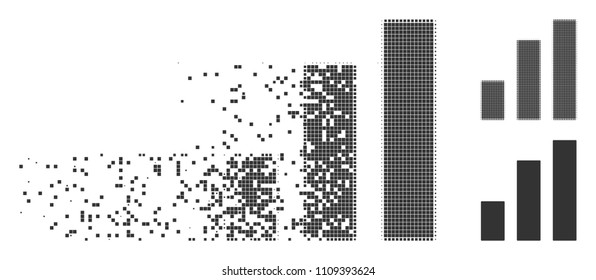 Gray vector bar chart icon in dissolved, dotted halftone and undamaged whole versions. Disappearing effect uses square particles. Fragments are composed into disappearing bar chart form.