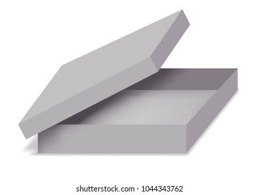 gray vector box, open box in 3d, gift box is empty, festive packing box
