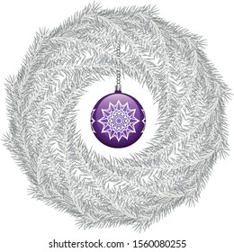 Gray vector christmas wreath with violet christmas ball