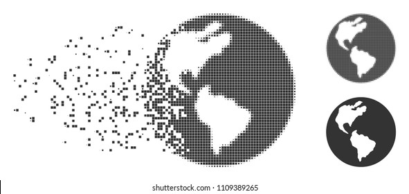 Gray vector Earth icon in dispersed, pixelated halftone and undamaged solid variants. Disappearing effect uses rectangular particles. Elements are grouped into dissolving Earth icon.