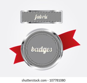 Gray vector fabric badges with red ribbon and metallic decorations