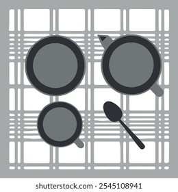 Gray vector flat illustration of a cup, kettle, plate and a spoon for hot tea or coffee on a checkered napkin