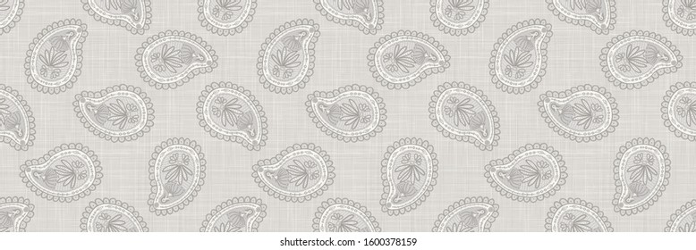 Gray vector french country style linen texture border background. Printed with paisley ogee. Natural ecru fibre indienne seamless banner pattern. Organic yarn close up woven fabric ribbon trim edge. 