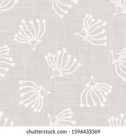 Gray vector french linen texture background. Printed with white seed flower. 