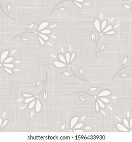 Gray vector french linen texture background. Printed with white daisy leaf flower.  