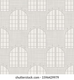Gray vector french linen woven texture background. Printed with glass window arch facade  