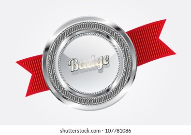 Gray vector glass badge with textile and metallic details and red ribbon