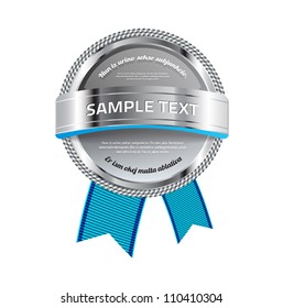 Gray vector glossy glass round badge / banner with metallic decoration and blue ribbons