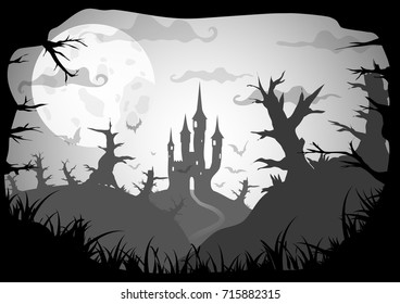 Gray Vector Halloween Background with castle on hill with strange forest at night