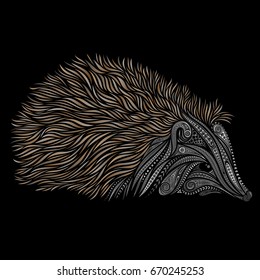 Gray vector hedgehog from patterns on a black background