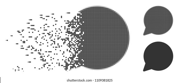 Gray vector hint balloon icon in dispersed, dotted halftone and undamaged solid variants. Disappearing effect uses square dots. Particles are arranged into disappearing hint balloon pictogram.