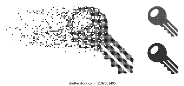 Gray vector key icon in dissolved, pixelated halftone and undamaged entire variants. Disintegration effect involves square particles. Fragments are composed into dissolving key form.