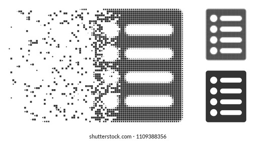 Gray vector list icon in dispersed, pixelated halftone and undamaged whole variants. Disintegration effect uses rectangle dots. Cells are grouped into dispersed list icon.