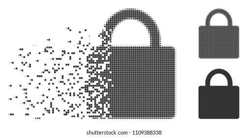 Gray vector lock icon in dispersed, dotted halftone and undamaged solid variants. Disintegration effect uses rectangle dots. Particles are arranged into disappearing lock pictogram.