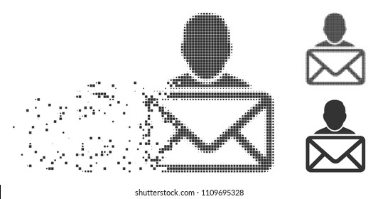 Gray vector mail recipient icon in fractured, dotted halftone and undamaged whole versions. Rectangle particles are used for disintegration effect.