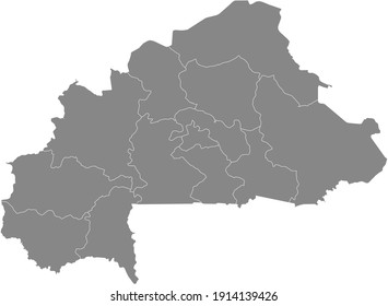 Gray vector map of Burkina Faso with white borders of its regions