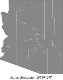 Gray vector map of the Federal State of Arizona, USA with white borders of its counties
