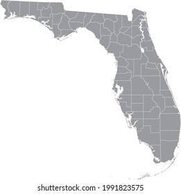 Gray vector map of the Federal State of Florida, USA with white borders of its counties
