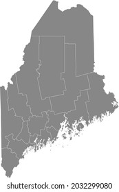 Gray vector map of the Federal State of Maine, USA with white borders of its counties