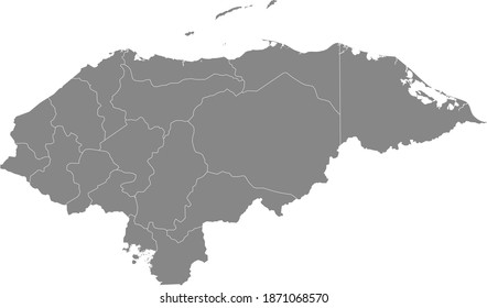 Gray vector map of Honduras with white borders of it's departments