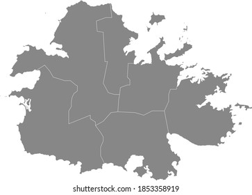 Gray vector map of the island of Antigua with white borders of it's parishes