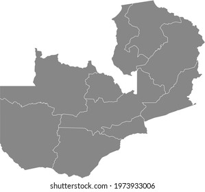 Gray vector map of the Republic of Zambia with white borders of its provinces