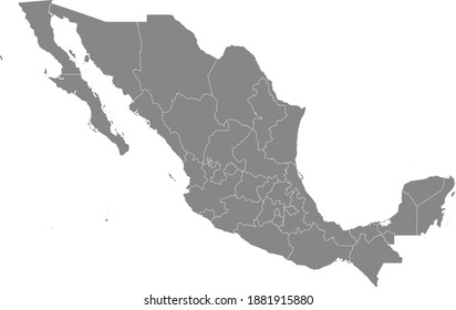 Gray vector map of  United Mexican States with white borders of it's states