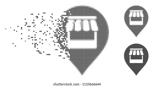 Gray vector market marker icon in fractured, dotted halftone and undamaged entire versions. Disappearing effect uses rectangular particles. Particles are grouped into dissolving market marker icon.