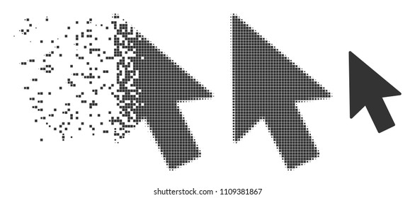 Gray vector mouse cursor icon in dissolved, pixelated halftone and undamaged entire variants. Disappearing effect uses rectangular dots. Pixels are organized into dissipated mouse cursor symbol.