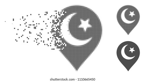 Gray vector Muslim symbol marker icon in dissolved, pixelated halftone and undamaged solid variants. Disappearing effect uses rectangular particles.