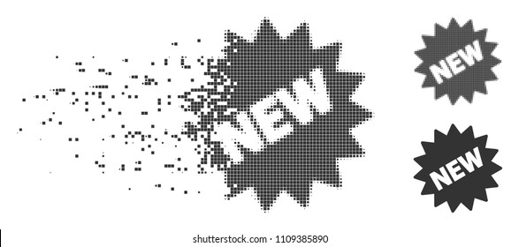 Gray vector new sticker icon in fractured, pixelated halftone and undamaged entire versions. Disappearing effect uses rectangular dots. Points are grouped into dissolving new sticker form.