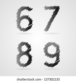 Gray vector pencil draw alphabet, 6, 7, 8, 9