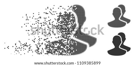 Gray vector persons icon in dispersed, dotted halftone and undamaged entire variants. Disappearing effect uses square dots. Particles are grouped into disappearing persons symbol.