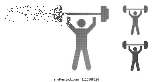 Gray vector power lifting icon in dissolved, pixelated halftone and undamaged whole versions. Disintegration effect involves rectangular particles.