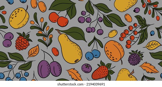GRAY VECTOR SEAMLESS PATTERN WITH COLORFUL FRUITS AND BERRIES