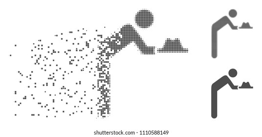 Gray vector servant with hat icon in dispersed, dotted halftone and undamaged whole variants. Disintegration effect uses square dots. Points are grouped into disappearing servant with hat form.