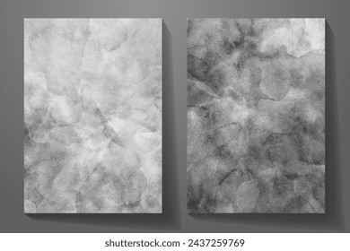 Gray vector set watercolor art background with old paper. Aged vintage watercolor texture for cover design, cards or banner. Monochrome illustration. Wall. Brushstrokes. Painted gray grunge template.
