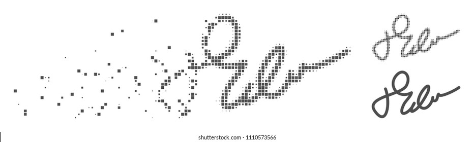 Gray vector signature icon in fractured, pixelated halftone and undamaged entire variants. Disintegration effect uses rectangular particles. Elements are combined into dissipated signature shape.