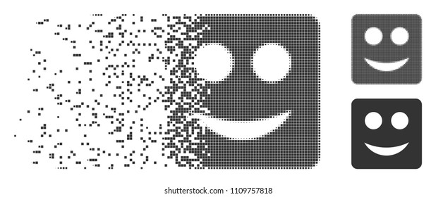 Gray vector square smile icon in dispersed, pixelated halftone and undamaged whole variants. Rectangle dots are used for disappearing effect. Pieces are composed into disappearing square smile figure.