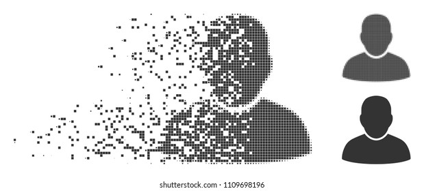 Gray vector user icon in dispersed, dotted halftone and undamaged solid versions. Rectangular dots are used for disintegration effect. Pieces are combined into disappearing user symbol.