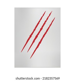 Lienzo vertical gris con garras rojas brillantes arañan el estilo plano, ilustración vectorial aislada en fondo blanco. Marcas de garra aterradoras de animales salvajes grandes